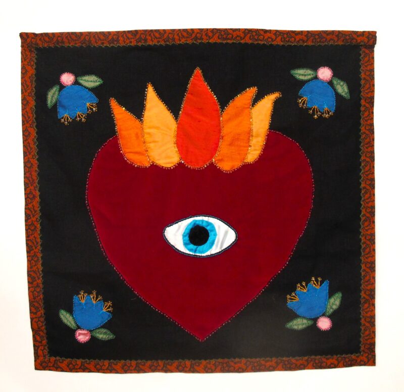 El Corazon, 2023, Velver and silk applique on linen, embridery, beads 24 x 24 inches $800